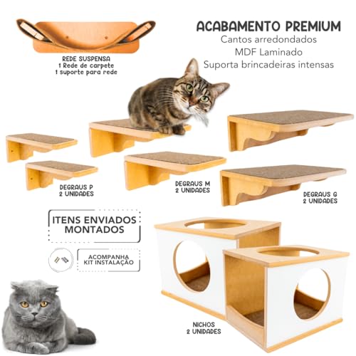 Playground Para Gatos 9Pçs Premium Resistente Já Montado Com Kit Fixação e Rede (PRETO) (Branco)