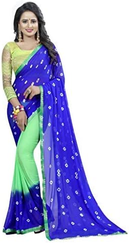 Shonaya Women`S Party Wear Chiffon Lace Border Saree with Unstitched Blouse Piece (Blue & Green)