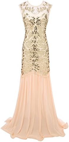 Morovigo Women 's 1920s Black Sequin Gatsby Maxi Long Evening Prom Dress (beige, S)
