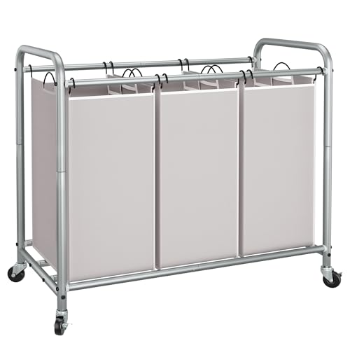 STORAGE MANIAC 3 Section Laundry Sorter, 35.6 Gal (135 L) Laundry Hamper Cart with Heavy Duty Rolling Lockable Wheels and Removable Bags, Clothes Organizer Basket Separator Hamper, Gray