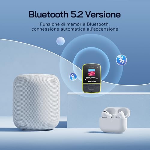 WOLFANG Bluetooth 5.2 MP3 Player, Sports Clip, Mini Size, 1 oz, FM HiF Radio, Voice Recorder, Earphones Included, Fluorescent Green