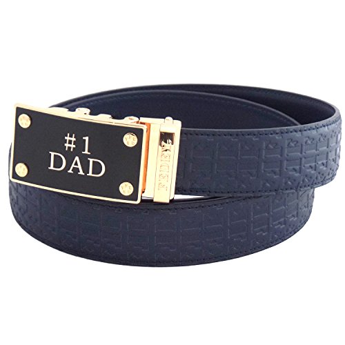 FEDEY Mens Ratchet Belt, Leather, Signature Series, Automatic Statement Buckle, No1 DAD - Navy Blue/Gold, Medium
