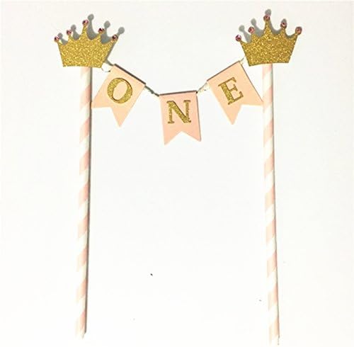 Glitter Gold Imperial Crown Baby Girl First Birthday Party Cake Decoration Pink Cake Topper