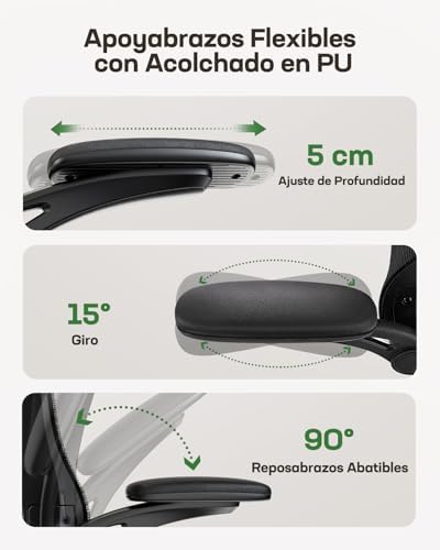 Silla Oficina Ergonómica, Silla Escritorio Ergonómica con Reposacabezas 2D Ajustable, Soporte Lumbar 2D, Reposabrazos Plegables 3D, Ajuste de Altura, Silla Oficina Giratoria hasta 136 kg