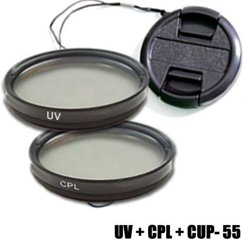DynaSun Set 55mm Slim Circular Polarising Filter with Slim Lens Protector, Ultra Violet Filter, Snap-On Centre Pinch Cord Front Lens Cap for Canon, Nikon, Pentax, Olympus, Samsung, Sony, Panasonic, Fujifilm Camera