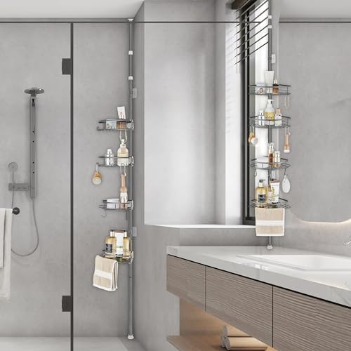 DUFU Telescopic Metal Shower Shelf with 4 Trays Adjustable Suitable for Ceilings from 85 to 325 cm Height for Organizing Bathtub or Bathroom Grey