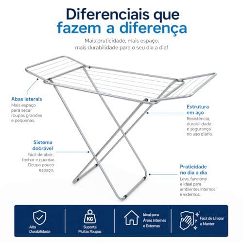 Varal de Chão com Abas em Aço 1,23m Dobrável Resistente Portátil para Roupas Lavanderia Casa Buritis