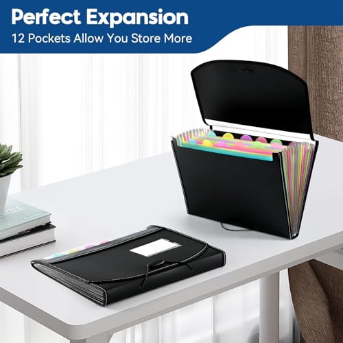 13 Pockets File Organiser, Accordion Expanding File Folder, Document Organiser with 12 Tabs, Folders for Paperwork A4 for Home, Office, and School, Black