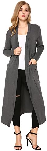 Mixfeer Womens Light Weight Long Sleeve Open Front Long Maxi Cardigan Longline Duster Coat Pockets
