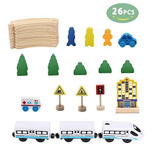 image for Lydaz Wooden Train Tracks Set with Magnetic Battery Operated Train for