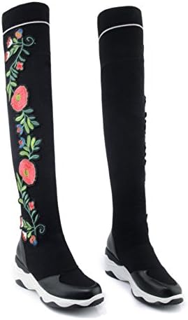 jinfu Suede Knee High Boots,Women's Embroidery Round Toe Stretch Flat Heel Tall Wedge Shoes (US 7)
