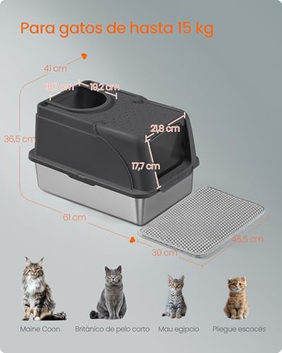 Feandrea Stainless Steel Cat Litter Box with Hinged Lid, XL Litter, Leakproof, Scoop, Brush, Double Inlet, Countertop Load 15 kg, Black Ink PPT005BH01