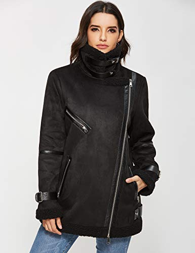 Escalier Women's Winter Lapel Faux Suede Leather Jacket with Sherpa Fleece Lining Black XL
