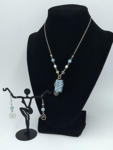 Handmade, one of a kind, Sterling Silver Spiral, Larimar Necklace and Earrings Set Swarovski and freshwater pearls, Caribbean jewelry
