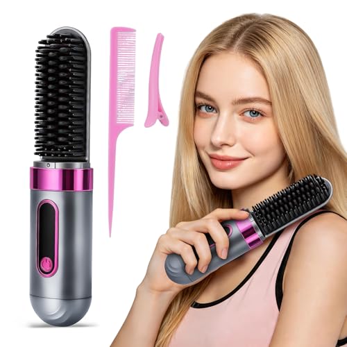 Frikmed Rechargeable Cordless Straightening Brush, 4000mh Mini Portable Heating Brush with LCD Display, 4 Temperatures 160-220°C, Anti-Frizz Ionic, USB-C, Travel Straightening Comb for Women