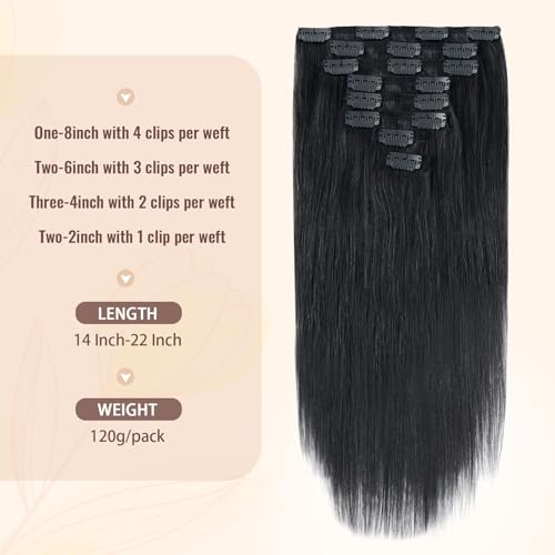 Sassina Straight Human Hair Clip ins Extensions 18 Inch Natural Clip in Remy Human Hair Extensions Jet Black Clip ins Hair Extensions Full Head 8 Pcs with 18 Clips 120 Grams #1