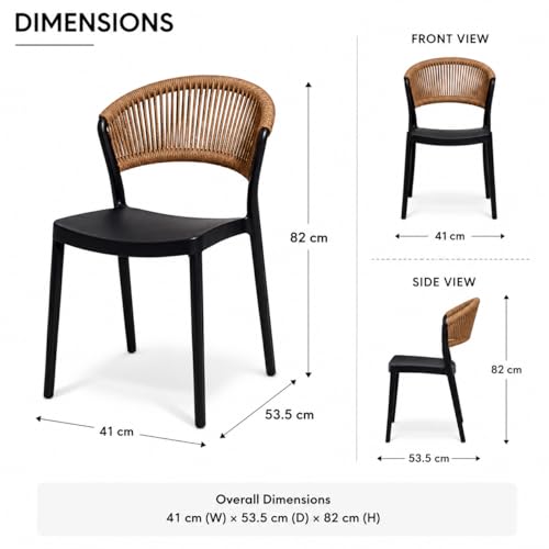 MARCOLO Chair Without Arms, Outdoor Plastic Dining Chair, Weather & UV Resistant Patio Chair for Balcony, Garden, Kitchen & Indoor Outdoor Use, Modern Rope-Style Design, 41x53.5x82cm (Black)