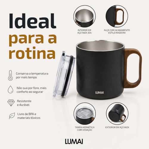 LUMAI Caneca Térmica 350ml Inox com Tampa Antivazamento Premium - Preta | Caneca de Café Caraíva, Aço Inox 304, Parede Dupla com Isolamento Térmico, Alça Estilo Madeira, Bebidas Quentes ou Frias