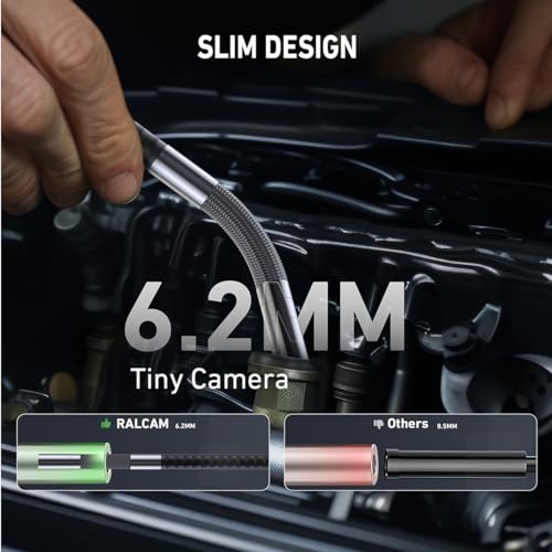 Ralcam Endoscope Camera with Light Endoscope Camera - Endoscope 6.2 mm Inspection Camera 4.3 Inch HD 720P Tube Camera, Cameras with 6 LEDs, IP67 Waterproof 2 m Flexible Channel Camera Telescopic Camera Car Tool