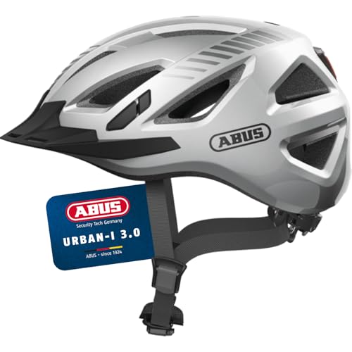 ABUS Stadthelm Urban-I 3.0 - Fahrradhelm mit Rücklicht, Schirm und Magnetverschluss - für Damen und Herren - Silber, Größe M