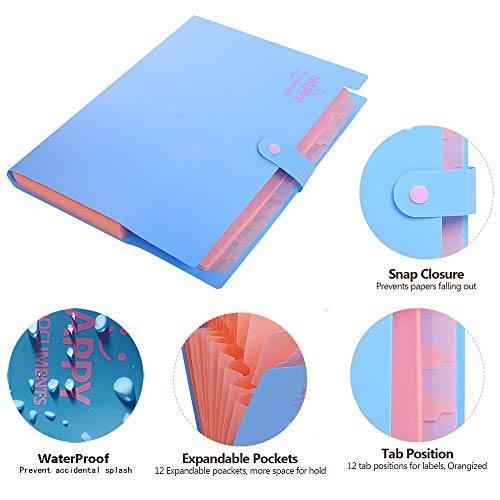 File Folder Organizer 12 Pockets Expanding File Folder with 20 Pcs Labels A4 Paper Letter Size Portable Accordion Document Organizer for Business Office School Home (Blue)