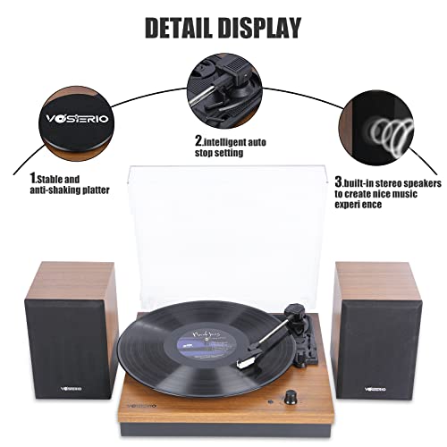 Vosterio Bluetooth Vinyl Turntable with 2 Stereo Speakers, Wood Retro Turntable Turntable, 3 Speeds 33, 45 and 78 RPM, RCA Output, Aux-in