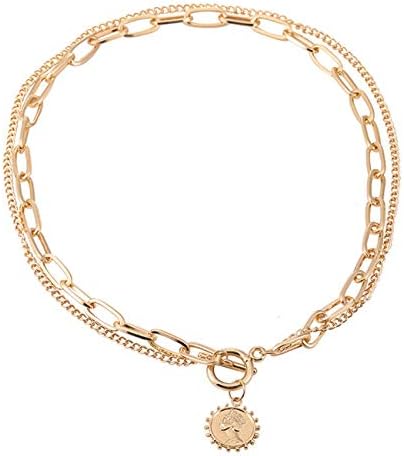 NancyMissY レトロダブルレイヤーコインペンダントネックレスOtチェーンネックレスレイヤードネックレスホリデーギフト女性ジュエリー