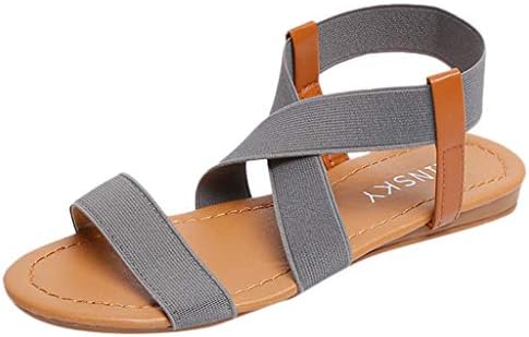 Women's Elastic Summer Flat Sandals Women Low Heel Anti-Slip Beach Shoes Cross Strap Sandals Peep-Toe Sandals