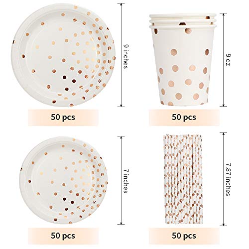 200PCS Disposable Paper Plates Party Supplies- Rose Gold Dots 50 Dinner Plates 50 Dessert Plates 50 Paper Straws and 50 9 oz Cups Biodegradable Heavy Duty for Birthday Wedding Party