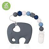 Pacifier Clip TYRY.HU Teething Toys BPA Free Silicone Elephant Teether with Binkie Holder for Boys, Girls, Baby Shower Gift (Blue)
