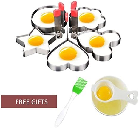 Fried Egg Mold Ring, Pancake Cooker Nonstick Stainless Steel Set Of 5PCS with Free Gift of Silicone Pastry Brush and Egg Yolk Separator For Frying Cooking, Kitchen Cooking Tools for Kids and Lovers