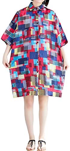 P Ammy Fashion Women's Plus Size Boyfriend Style Checkered Cotton & Linen Long Tunic Blouse Dresses