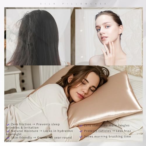 100% Double-Sided Silk Pillowcase, 22 Momme, 6A, Washable, Hidden Zipper, Prevents Hair Frizz, Antibacterial and Anti-Static, Suitable for Sensitive Skin (Light champagne, 1PC 51x66cm（20" × 26"）)
