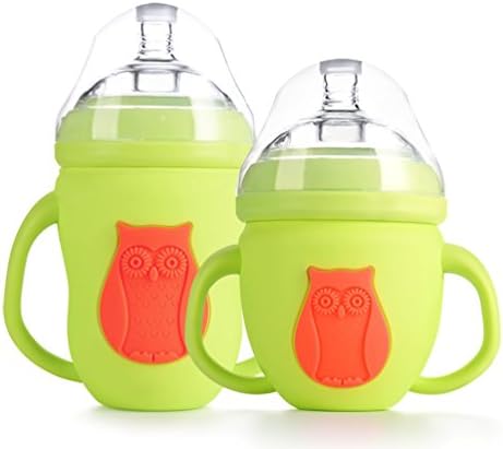 Reizbaby Anti-Colic Baby Glass Bottle,Silicone Bottle Teat,Protective Sleeve,Pack of 2 (Green)