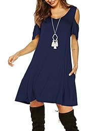 Beluring Vestido de verano para mujer, con hombros descubiertos, cuello en V, suelto, con bolsillo