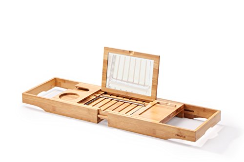 Mosa Natural Bamboo Bathtub Tray Bath Caddy Book Wine Glass Holder, 27.6" X 8.7" X 1.9",