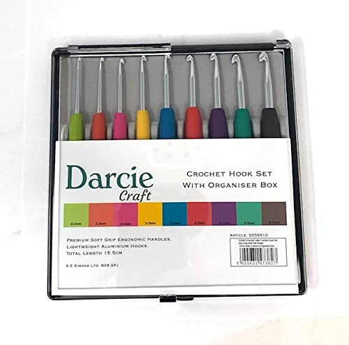 SS56810 Darcie Crafts Crochet Hook Set: Easy Grip with Flat Finger: 14cm x Sizes 2-6mm in Organiser Box