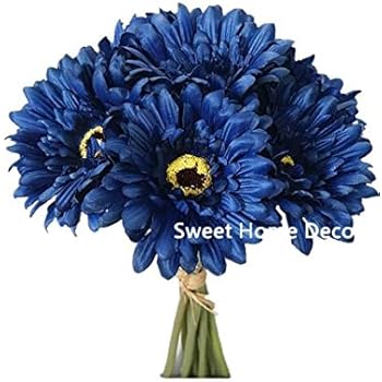 Sweet Home Deco 13'' Silk Artificial Gerbera Daisy Flower Bunch (W/ 7stems, 7 Flower Heads) Home/Wedding (Royal Blue)