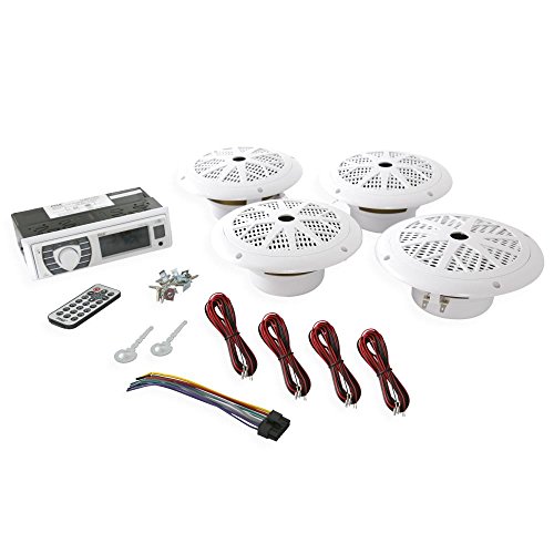 Bluetooth-Marine-Receiver-Stereo-Speaker-Kit-Hands-Free-Calling-Wireless-Streaming-MP3USBSD-Readers-AMFM-Radio-4-65-Waterproof-Speakers-PLMRKT38W