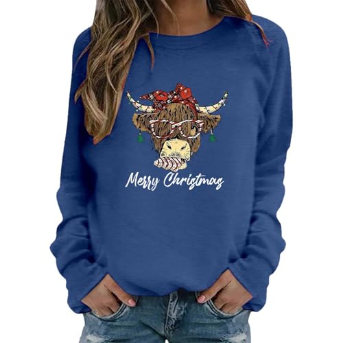 Highland Cow Christmas Jumper for Women Novelty Farm Animal Graphic Sweatshirts Without Hood Ugly Xmas Sweater Long Sleeve Pullover Jumper Tee Tops S-XXL (Blue, M)