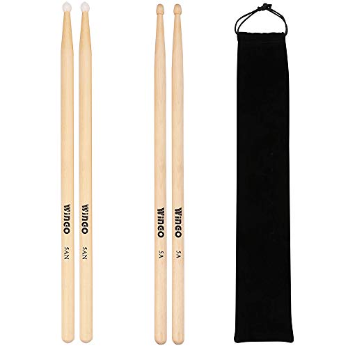 5A/5AN Drum Sticks with Wood Tips or Nylon Tips - WINGO 2 Pack Maple Drumsticks with Carrying Bag Holder