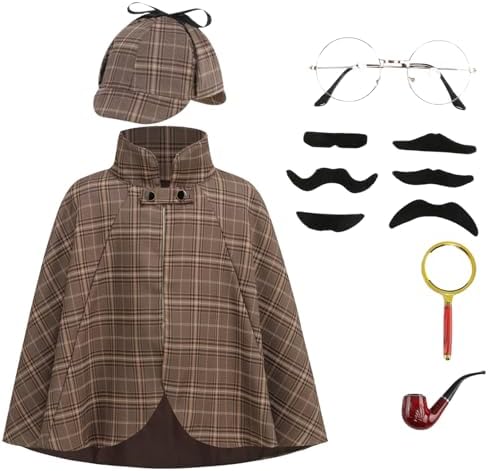 Juego de accesorios para disfraz de detective victoriano Sherlock Holmes para adultos, sombrero de acechador lupa kit de detective de pipa de aspecto victoriano, gris, Talla única