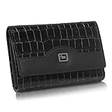 Ladies Compact RFID Designer Leather Trifold - RFID Wallets for Women - Top Quality Leather (Black Croc)