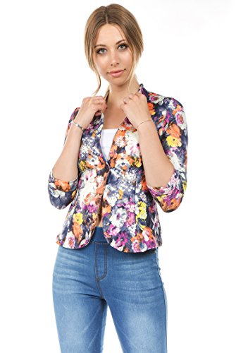 Bubble B Women's Floral Print Blazer Button Front Jacket Blue Multi M