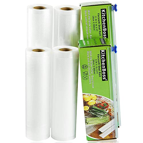 KitchenBoss Vacuum Sealer Rolls - Vacuum Sealer Bags - 4 Rolls 20 x 500cm and 28 x 500cm | with Cutter-Box | BPA-Free | Heavy Duty Embossed | for Vacuum-Sealer Food-Saver and Sous Vide Cooking