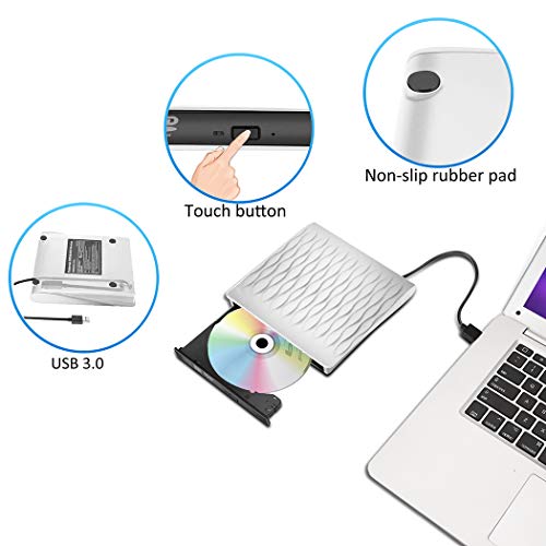 External CD DVD Drive,USB 3.0 Slim Portable CD/DVD Writer/Rewriter/Burner,High Speed Data Transfer USB Optical Drives Player Compatible with Laptop Desktop PC Windows Linux Mac OS (White) - Thumbnail 3