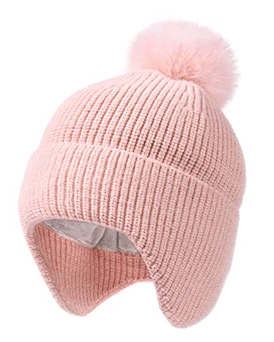 Toddler Baby Winter Hat Warm Fleece Lined Knit Kids Hat with Earflap Infant Newborn Pom Pom Beanie Knit Cap Girls Boys