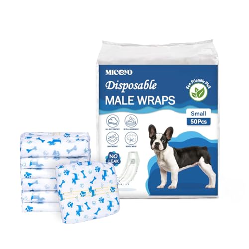 MICOOYO Disposable Male Dog Diapers, Super Absorbent Male Dog Panties, Dog Diapers with Moisture Indicator (S, Pack of 50)