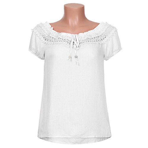 HGWXX7 Women Solid Lace Off Shoulder Tie Short Sleeve Cotton Blouse Tops T-Shirt (XL, White)