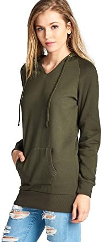 ShezPretty Raglan Long Sleeve V- neck ringHoodie W/Kangaroo Pocket Inner Brushed Long Line Sweater Shirt (Large, Dark Olive)